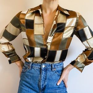 Vintage Satin Golden Neutral Tone Patchwork Blouse